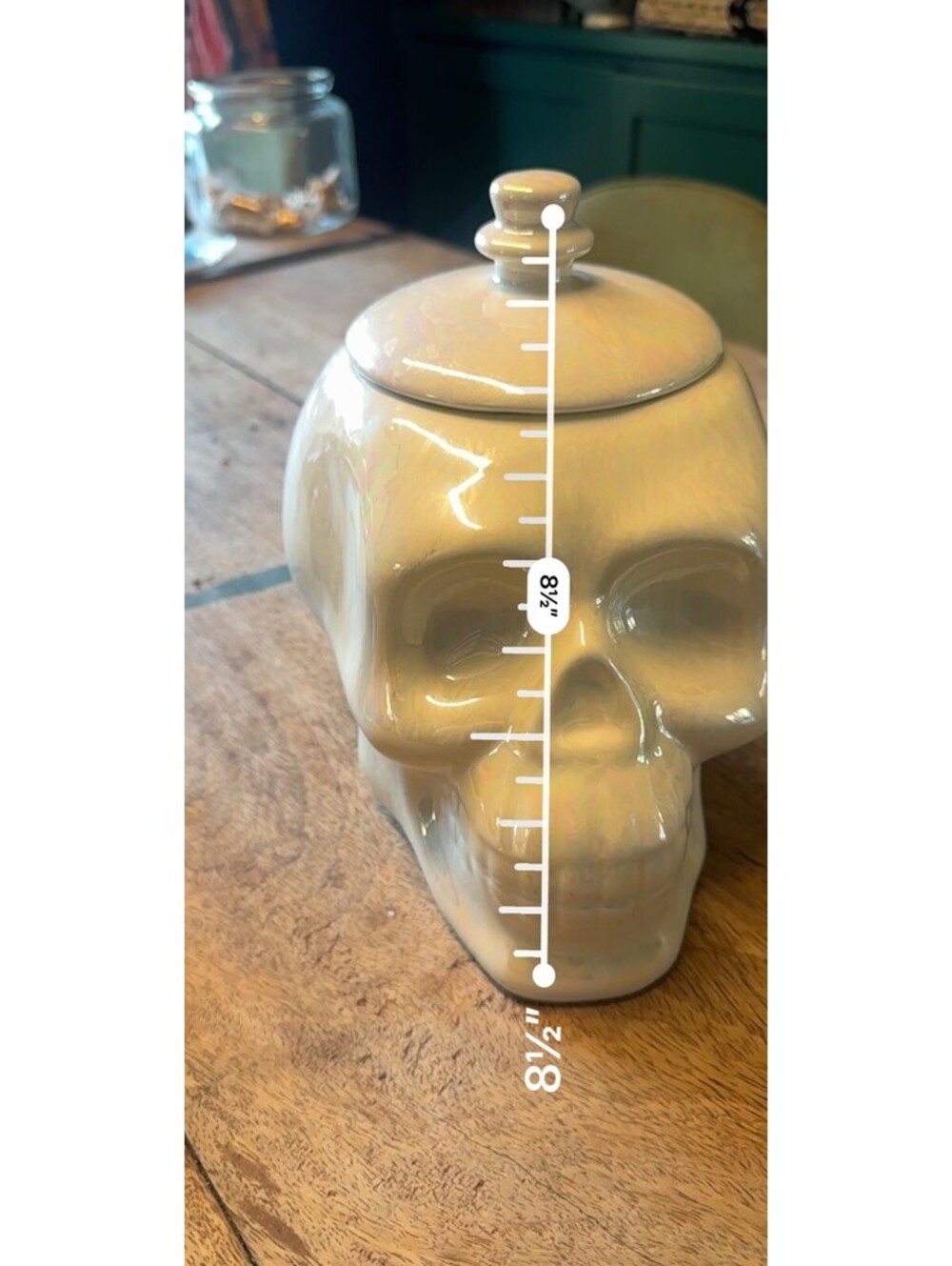 Ceramic Skull Cookie Jar Canister w/ Lid Cream Iridescent Beige Glazed